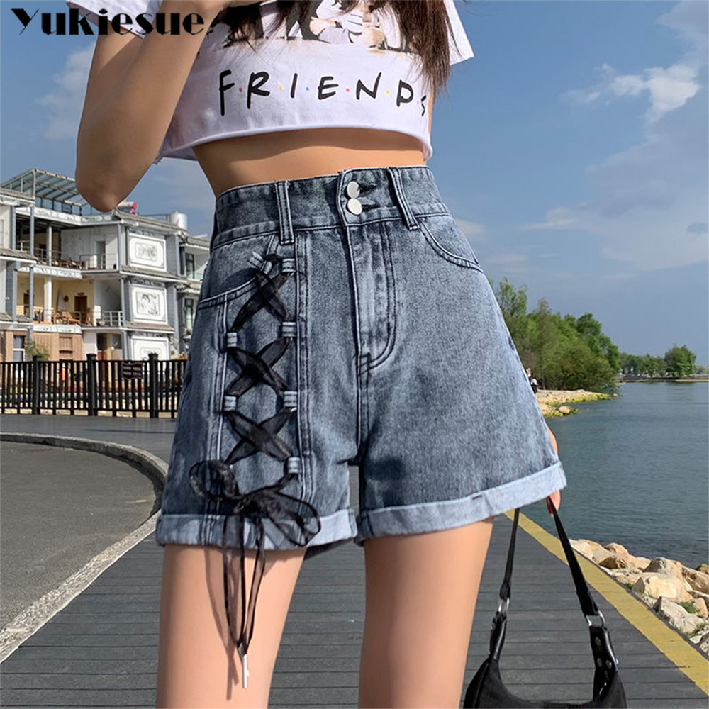 New Summer Women High Waist Double Button Lace Up Wigh Leg Jeans Shorts Casual Female Loose Fit Blue Cuffs Denim Sho